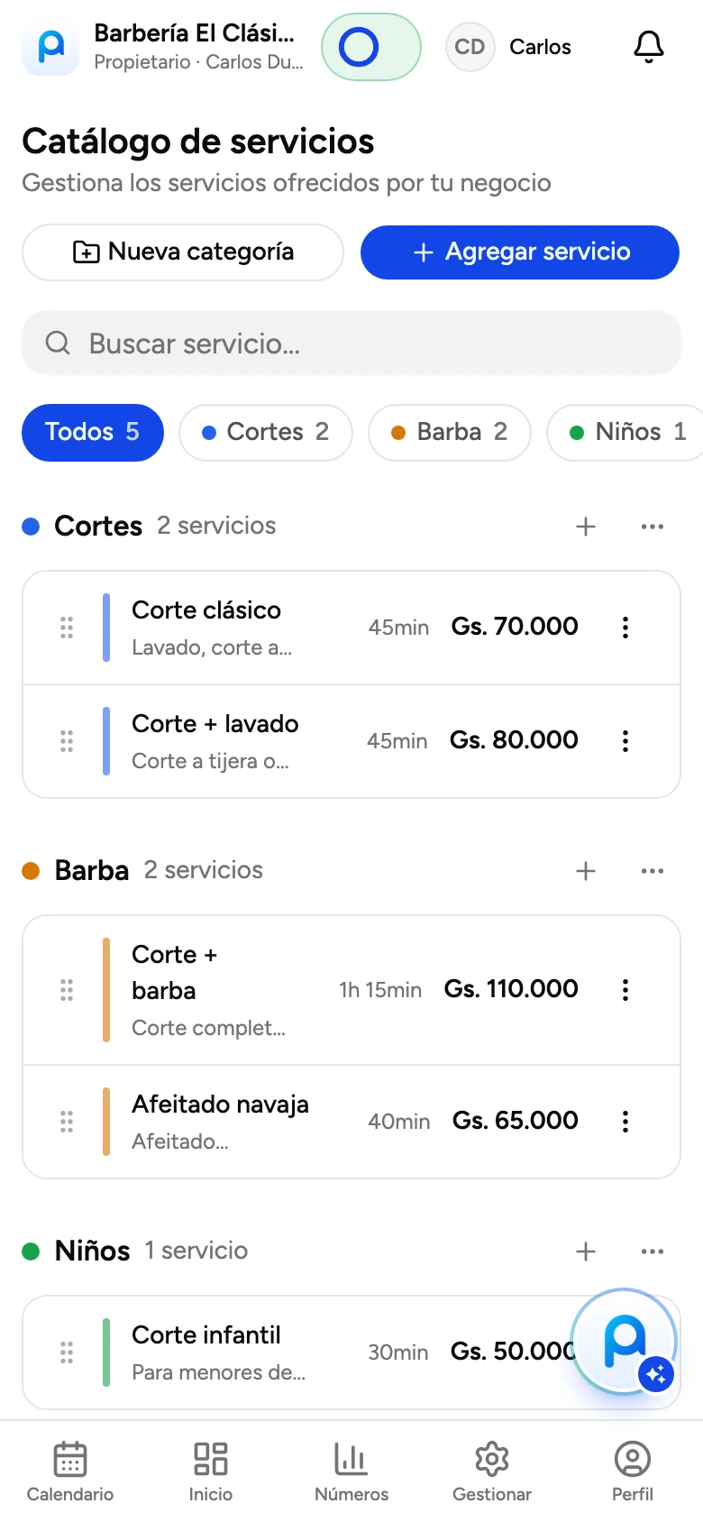 Catálogo de servicios de Practi Agenda en un celular